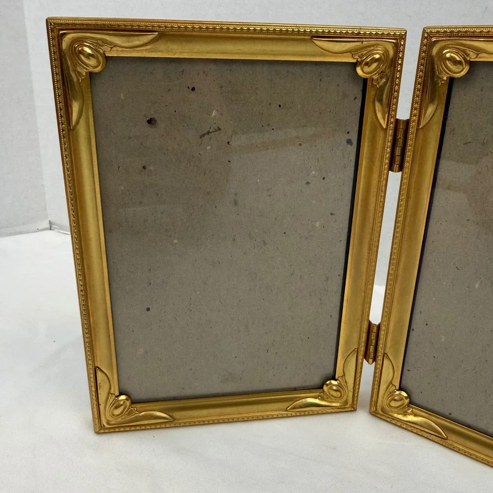Vintage Gold Tone Metal Double Folding Picture Frame Ornate Bifold 5x7 Portrait